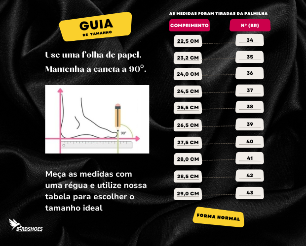 tabela de medidas de tenis